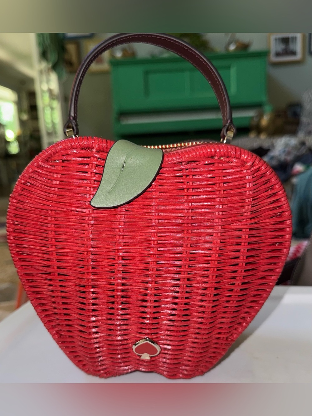 Kaye Spade Red Woven Apple-Shaped Top-Handle Bag with Green Leaf Accent